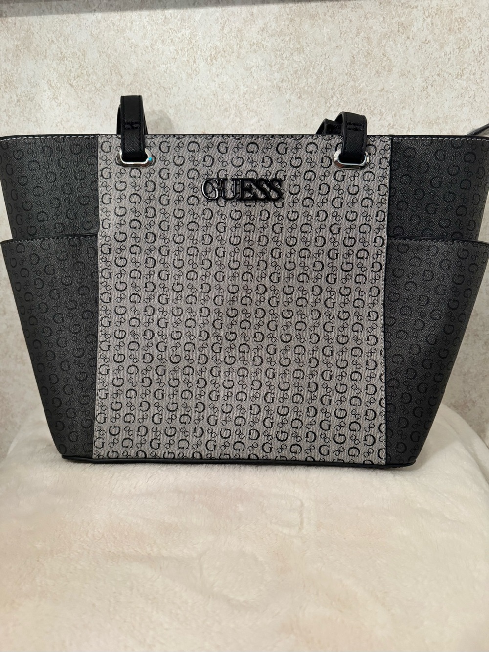 GUESS Latham Two-Tone Gray Monogram Tote with Black Trim NWT